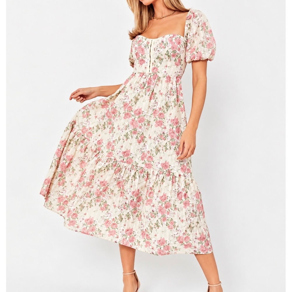 O.p.t. Opt Midi dress Rosita Floral Cream Bohemian Cottagecore Pink Medium